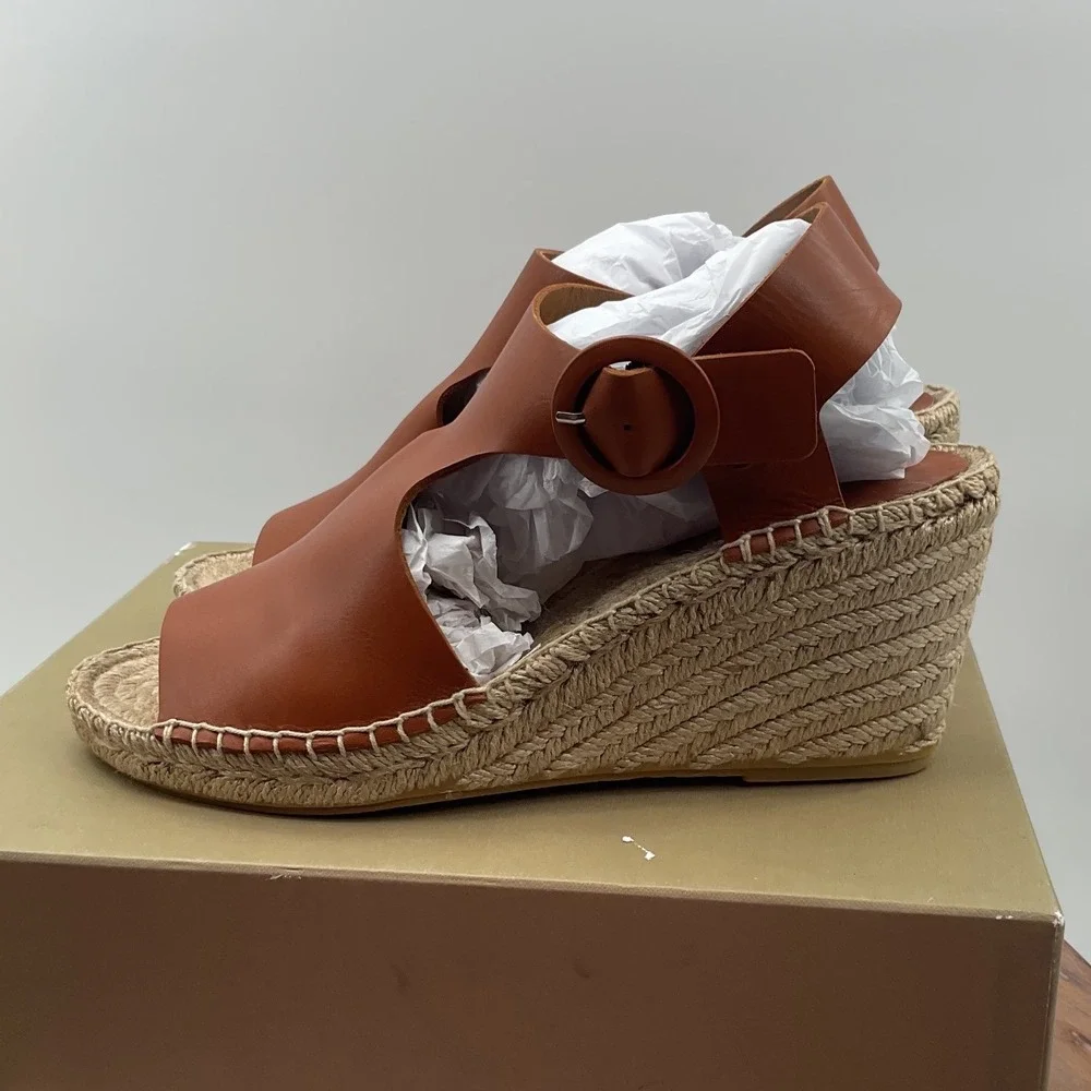 Via‎ Spiga Tan Brown Leather Espadrille Wedge Sandals Platform Buckle Open Toe